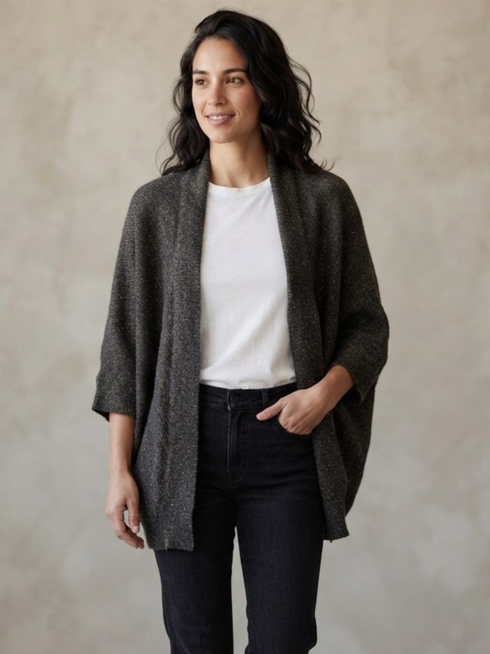 Melow Sz S/M Knit Relaxed Grey Blue Open Front Dolman Sleeves Cardigan Sweater
